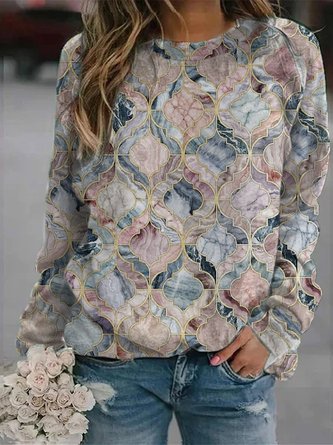 JFN Crew Neck Loose Geometric Long Sleeve Sweatshirt