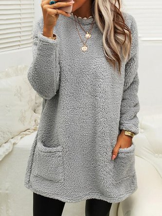 Women Plush Fluffy Crew Neck Casual Thermal Loose H-line Midi Dress With Pocket