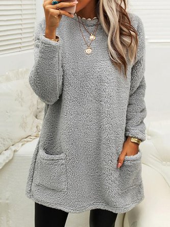 Plush Crew Neck Casual Thermal Sweatshirt Dress