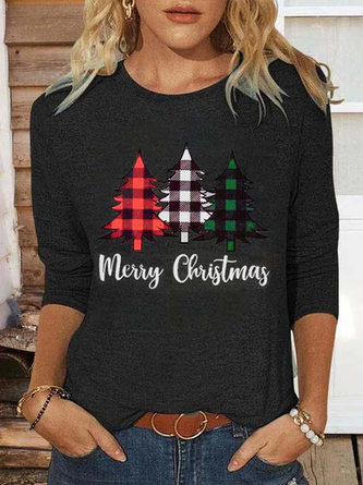 Women Christmas Casual Grid Long Sleeve Crew Neck T-Shirt