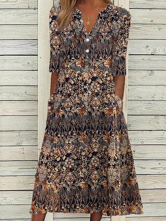 Women's A Line Dress Midi Dress Half Sleeve Ethnic Summer V Neck Casual Modern