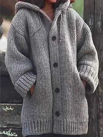 Women's Autumn and Winter Plain Color Long-Sleeve Pocket  Loose Cardigan Button Down Knitted Casual Sweater