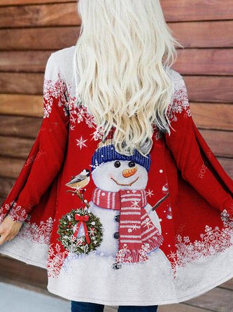 Women's Red Christmas Snowman and Snowflake Print Knit Cardigan
