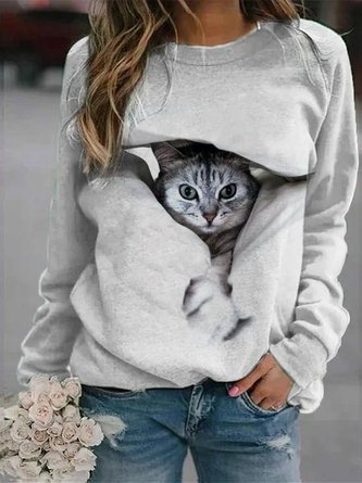 Casual Raglan Sleeve Crew Neck Cat Sweatshirt