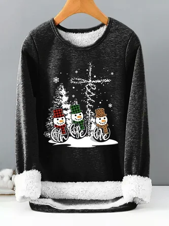 Women Loose Christmas Snowman Casual Crew Neck Thicken Sweatshirt