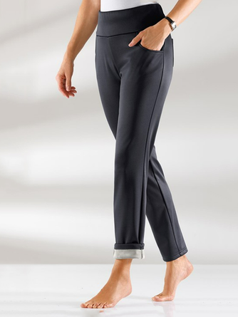 Women Fleece Warm Elastic Waist Casual Basic Black Pants