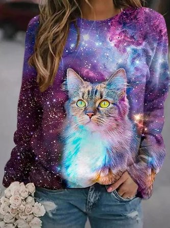 Loose Cat Crew Neck Raglan Sleeve Casual Sweatshirt