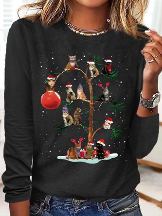Women's Christmas Cat Tree Crew Neck Casual Top