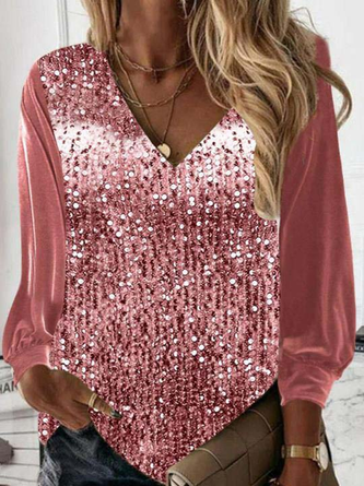 Women's Pink Velvet Sequins Loose V Neck Lantern Sleeve Top