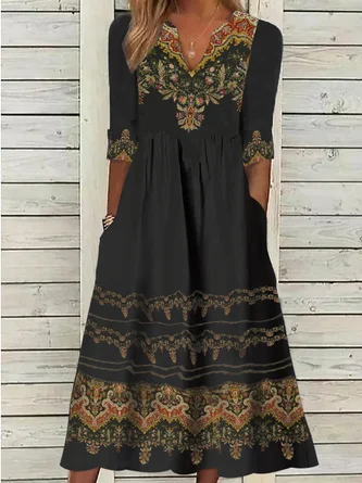 V Neck Ethnic Jersey Casual Dress
