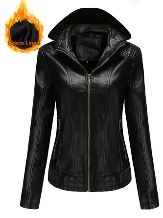 Fleece Thermal Leather Jacket With Detachable Hood