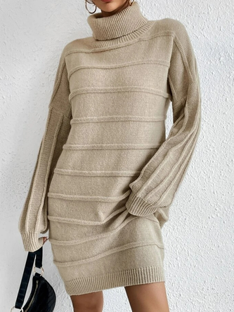 Stand Collar Yarn/Wool Yarn Plain Casual Dress