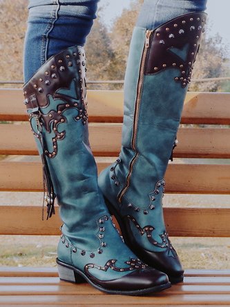 Retro Plus Size Stud-Detail Knight Cowboy Boots with Tassel