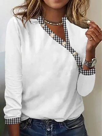 Loose Casual Long sleeve Plaid V neck T-Shirt
