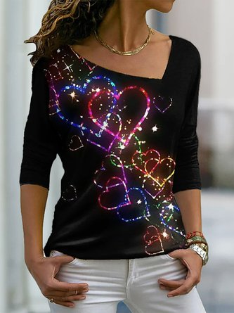 Asymmetrical Polyester Cotton Casual Heart/Cordate T-Shirt