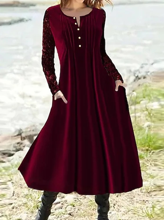 Plain Crew Neck Velvet Casual Dress