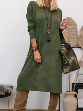 Plain Regular Fit V Neck Cotton-Blend Casual Dress