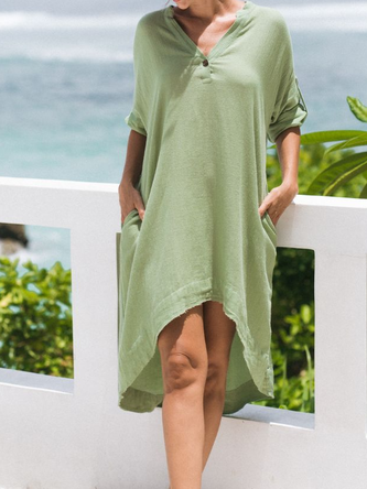 Cotton And Linen Casual V Neck Regular Fit Dress