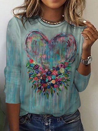 Printing Knitted Casual Heart/Cordate T-Shirt