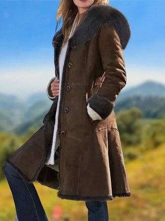 Brown Pockets Vintage Faux Suede Solid Coat