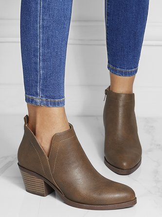 Brown Coffee Retro Leather V Neck Chunky Heel Ankle Boots