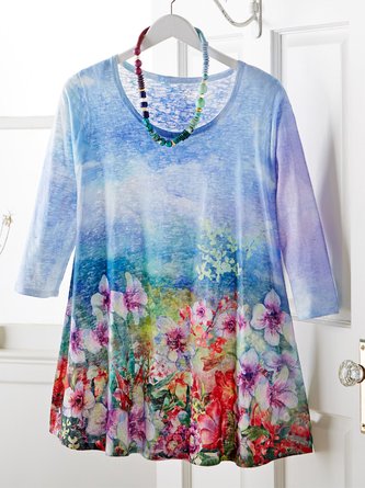 Crew Neck Floral Loose Casual Tunic