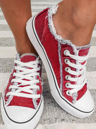 Red Washed Denim Lace-up Canvas Shoes