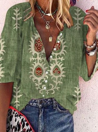 Loose V Neck Ethnic Casual Top