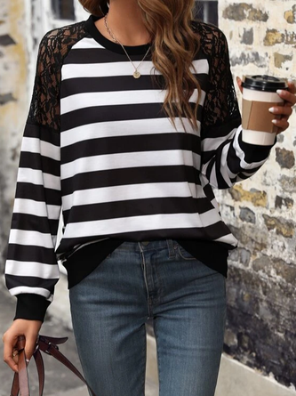 Loose Striped Lace Casual T-Shirt