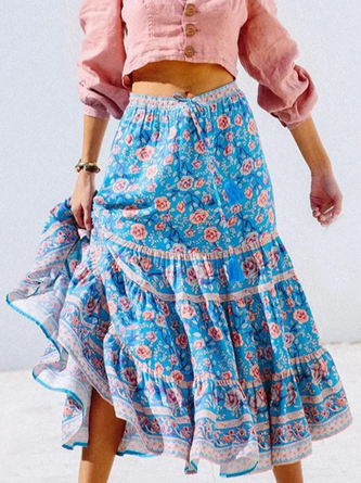Boho Cotton-Blend Loose Floral Skirt