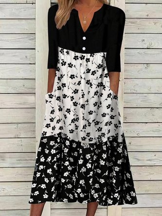 V Neck Color Block Regular Fit Casual Dress