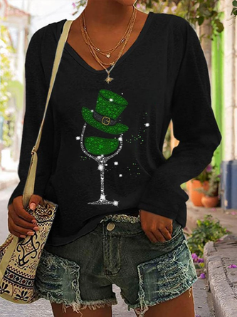 Women's St. Patrick's V Neck Shamrock Loose Casual T-Shirt