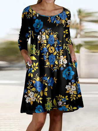 Floral Loose Vacation Crew Neck Dress