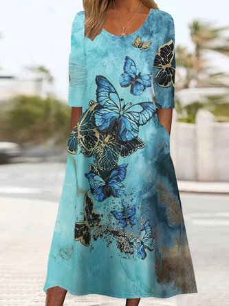 Crew Neck Casual Loose Butterfly Dress