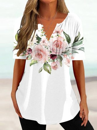 Women V-neck Floral Printed Buttoned Shirt