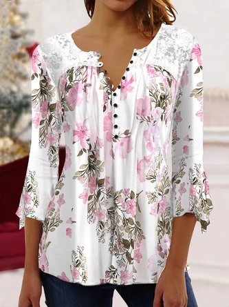 Lace Floral Casual V Neck Shirt