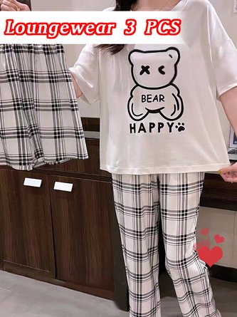 Plaid Bear Print Pajamas Loungewear 3-piece Set