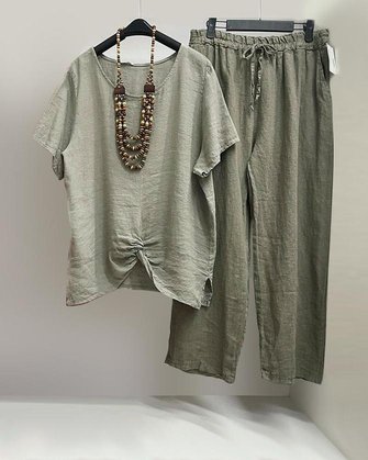 Cotton And Linen Crew Neck Regular Fit Casual Two-Piece Set