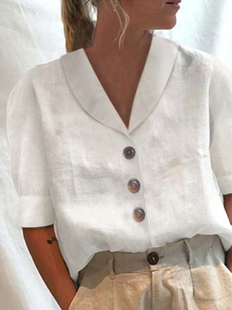 Loose Shawl Collar Buttoned Linen Short Sleeve Blouse