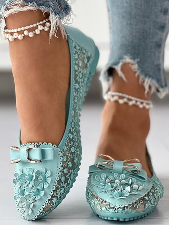 Elegant Applique Bowknot Decor Wedding Bridal Shoes Lace Split Joint Ballet Flats