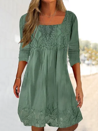 JFN Square Neck Lace Linen Ethnic Plain Casual Loose Tunic Dress