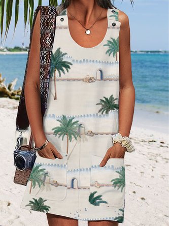 Crew Neck Coconut Tree Loose Vacation Dress