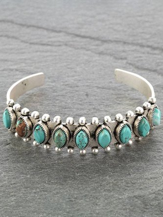 Silver Antique Distressed Inlaid Turquoise Cuff Bracelet Everyday Ethnic Jewelry