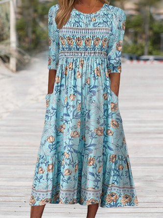 Loose Vacation Crew Neck Floral Women's Half Sleeve Scoop Neck Graphic Floral Printed Midi Dress
