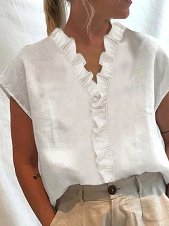 Summer Womens V Neck Flouncing Cotton Linen Shirt | justfashionnow