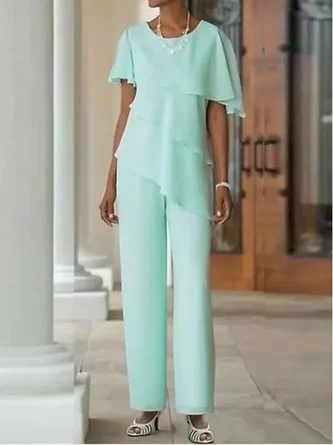Crew Neck Elegant Plain Two-Piece Set
