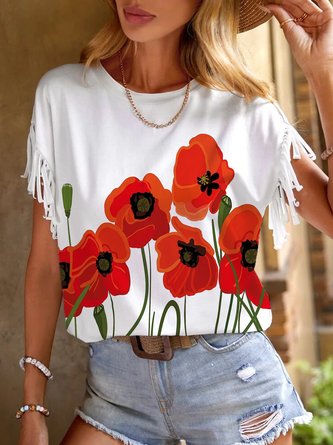 Vacation Loose Poppy Flower Crew Neck T-Shirt