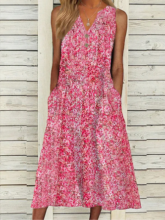 V Neck Floral Loose Vacation Dress