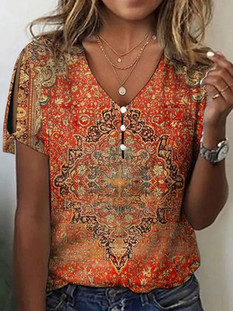 Ethnic Buckle Loose V Neck T-Shirt | justfashionnow