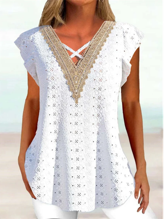 V Neck Lace Casual Loose Shirt